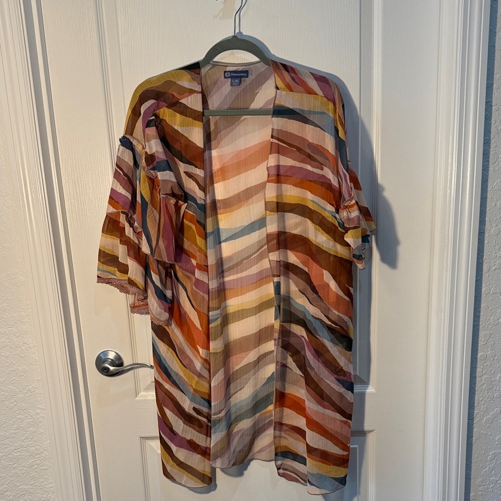 Democracy Multicolor Striped Kimono Size L/XL Ruffle Sleeves